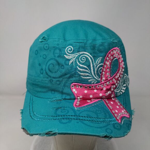 Cancer Awareness Pink Ribbon Cadet Army Cap Greenish-Blue One Size Distressed - Picture 2 of 8